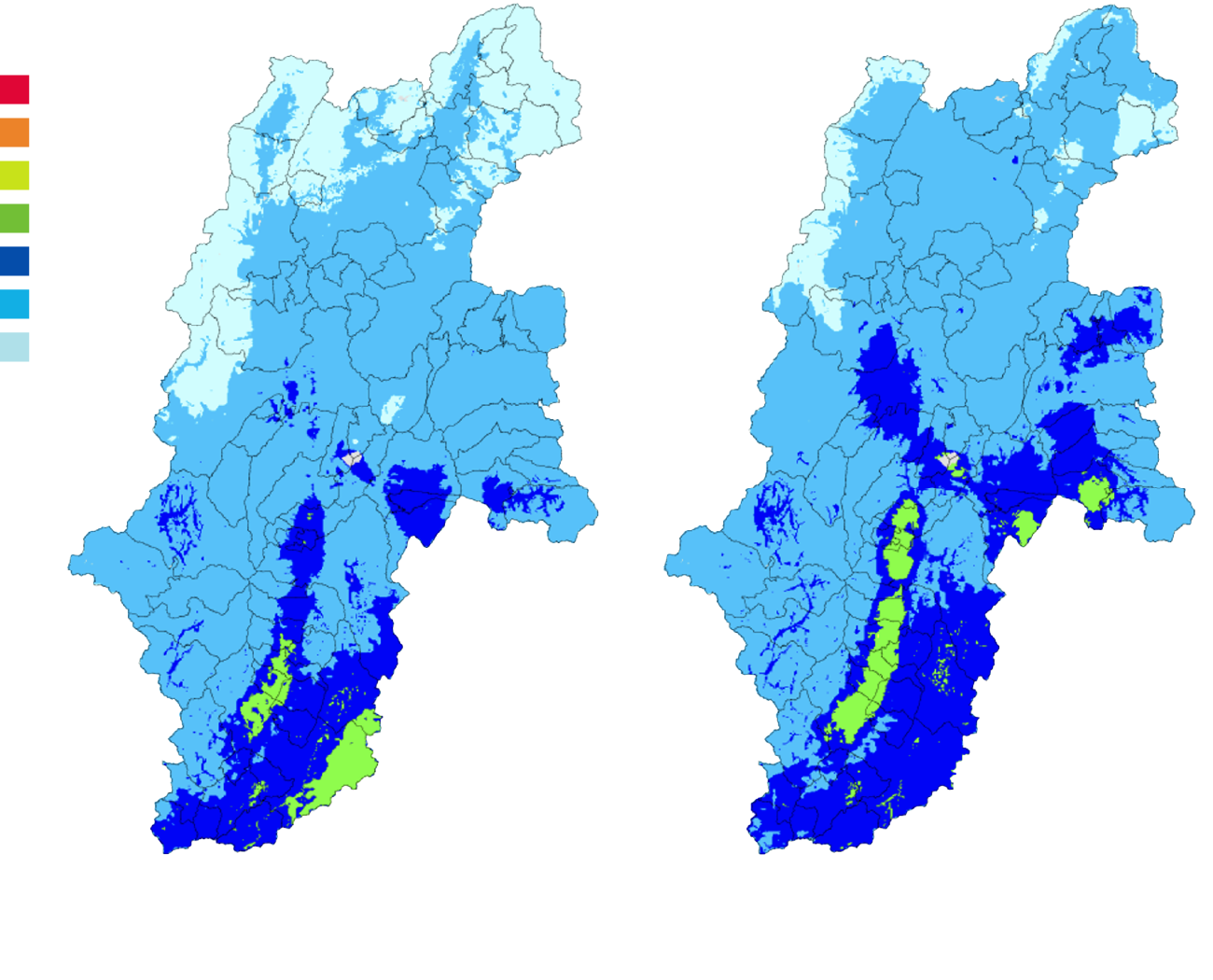 想定東海地震（Mw8.0）の地表震度分布と南海トラフ巨大地震（基本ケース）の地表震度分布